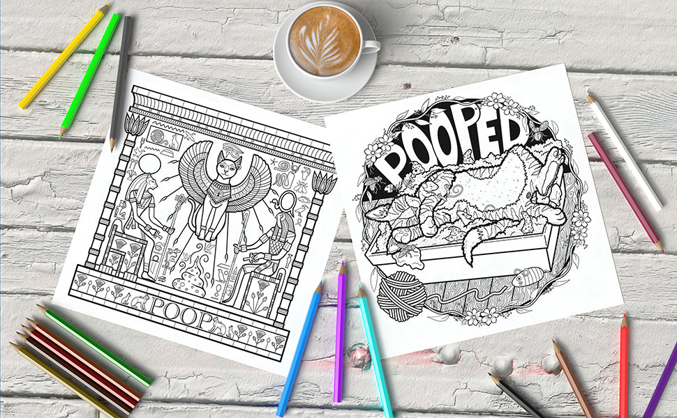 Two images one with egyptian cat poop and one with the pooped cat in litter box drawing