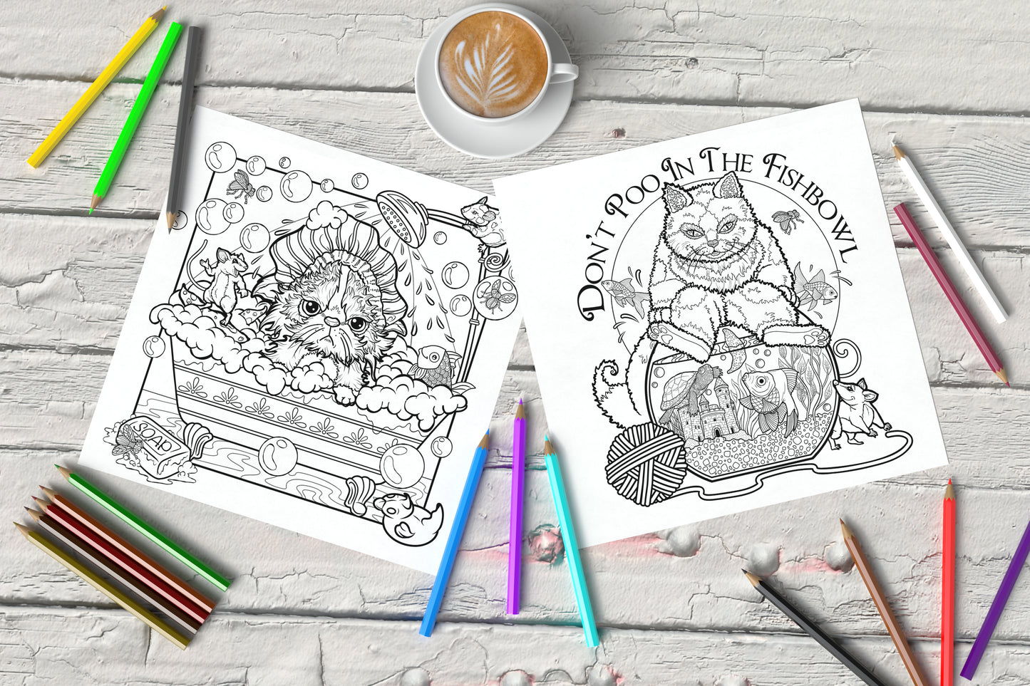 Cat in bathtub drawing and cat pooping in fishbowl drawing