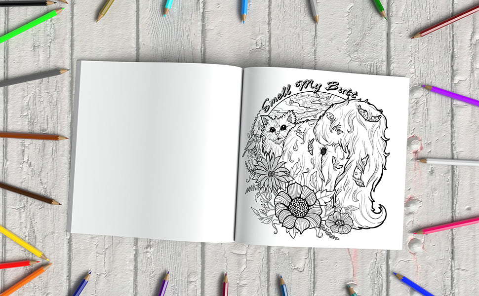 Open book with a page showing a cats butt and flowers